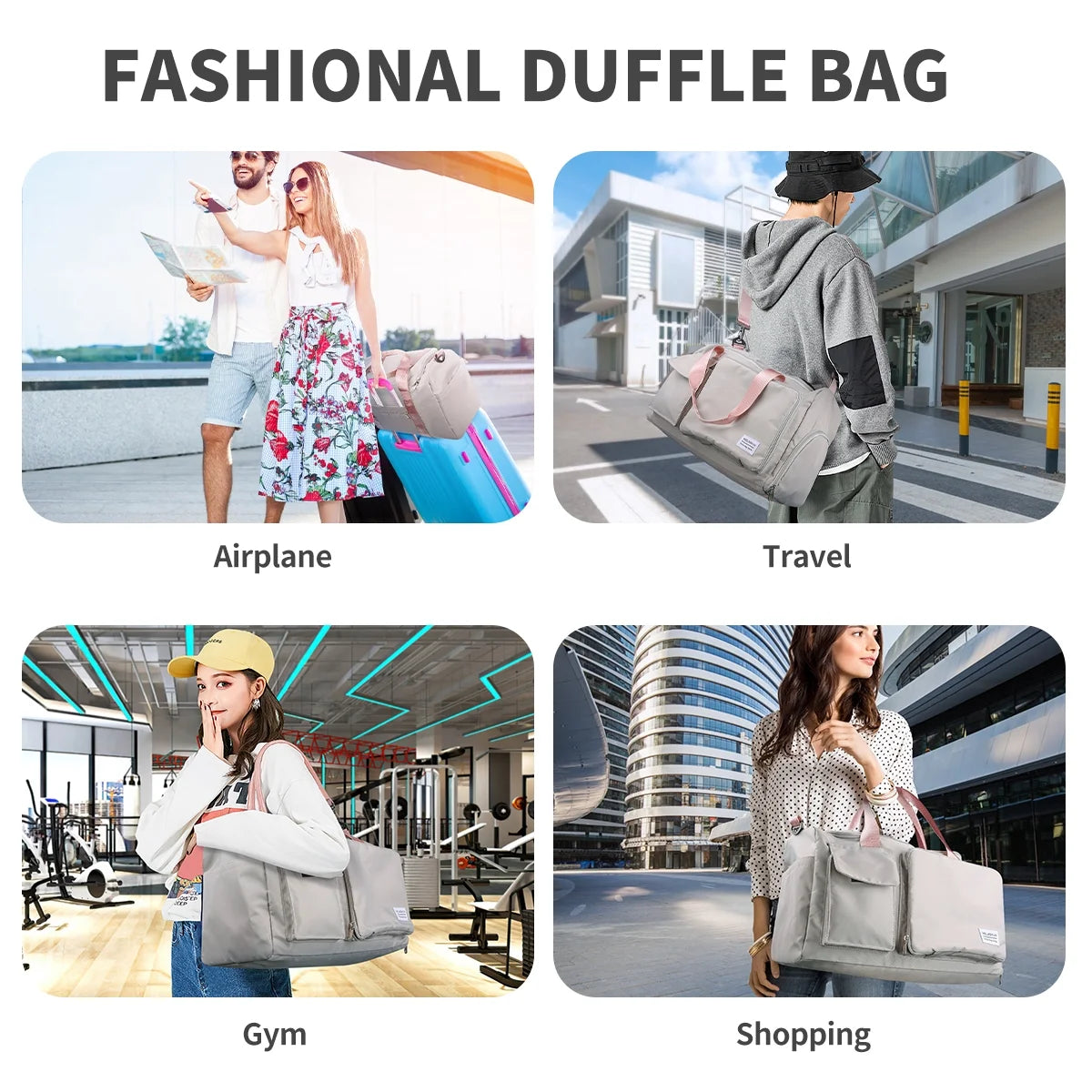 Travel Duffel Bag, Foldable Weekender Bag for Women, Overnight Bag with Shoe Compartment, Waterproof Shoulder Sports Tote Gym Bag with Toiletry Bag for Hospital Holdalls, Gray