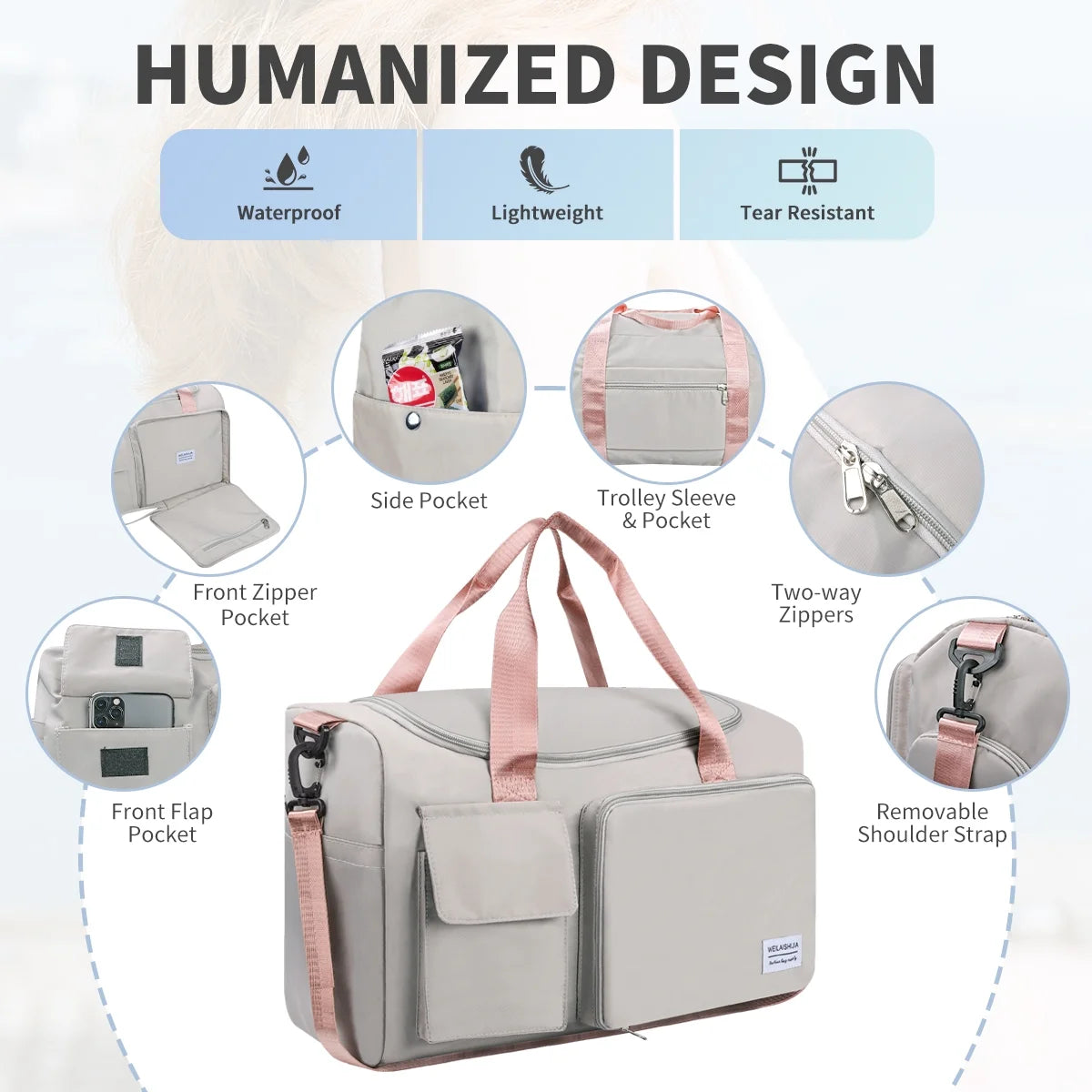 Travel Duffel Bag, Foldable Weekender Bag for Women, Overnight Bag with Shoe Compartment, Waterproof Shoulder Sports Tote Gym Bag with Toiletry Bag for Hospital Holdalls, Gray