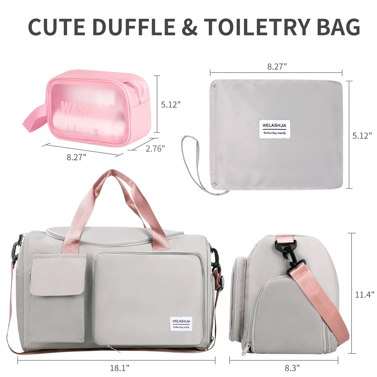 Travel Duffel Bag, Foldable Weekender Bag for Women, Overnight Bag with Shoe Compartment, Waterproof Shoulder Sports Tote Gym Bag with Toiletry Bag for Hospital Holdalls, Gray