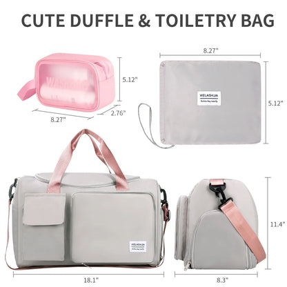 Travel Duffel Bag, Foldable Weekender Bag for Women, Overnight Bag with Shoe Compartment, Waterproof Shoulder Sports Tote Gym Bag with Toiletry Bag for Hospital Holdalls, Gray