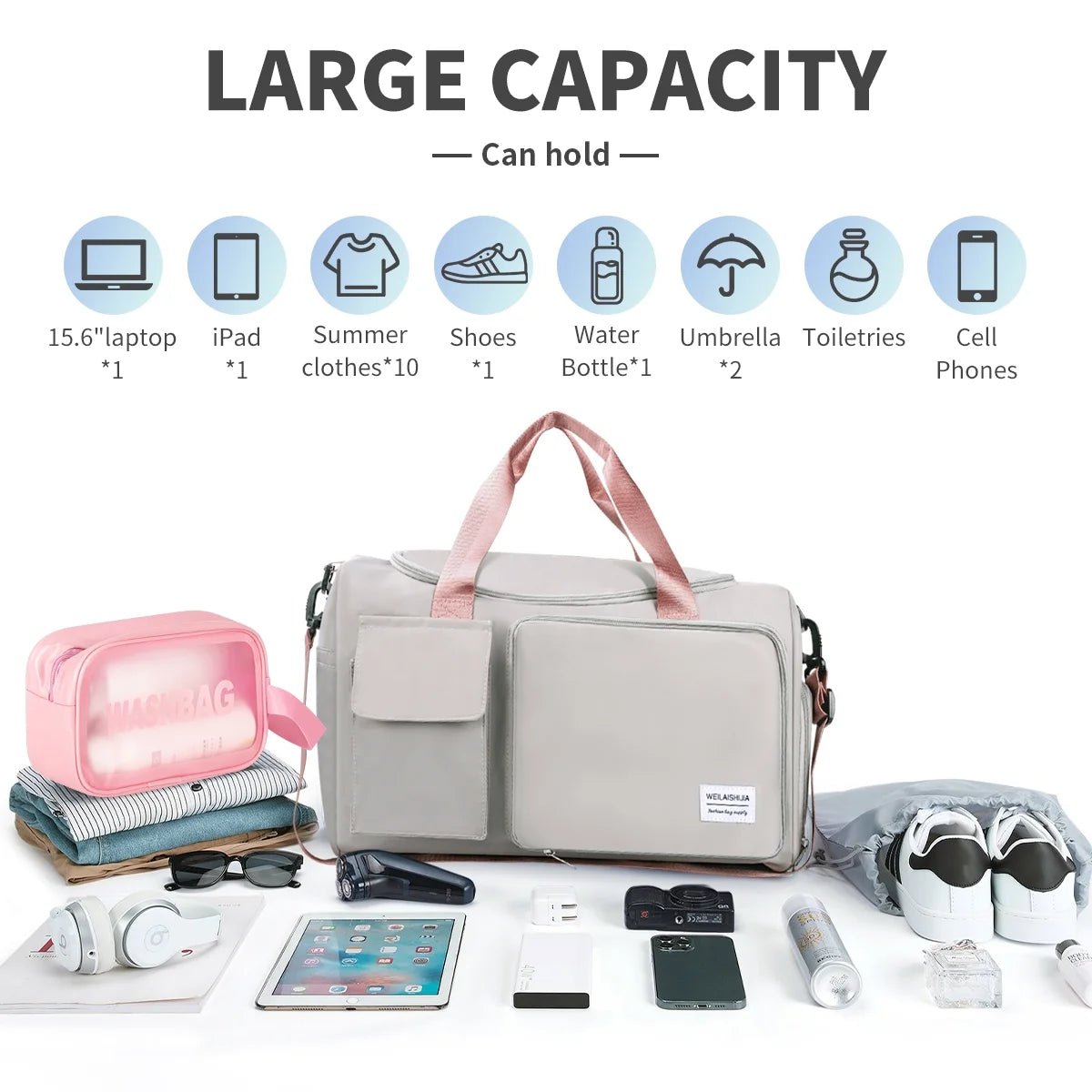 Travel Duffel Bag, Foldable Weekender Bag for Women, Overnight Bag with Shoe Compartment, Waterproof Shoulder Sports Tote Gym Bag with Toiletry Bag for Hospital Holdalls, Gray