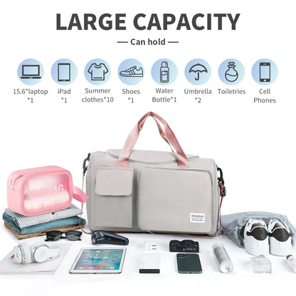 Travel Duffel Bag, Foldable Weekender Bag for Women, Overnight Bag with Shoe Compartment, Waterproof Shoulder Sports Tote Gym Bag with Toiletry Bag for Hospital Holdalls, Gray