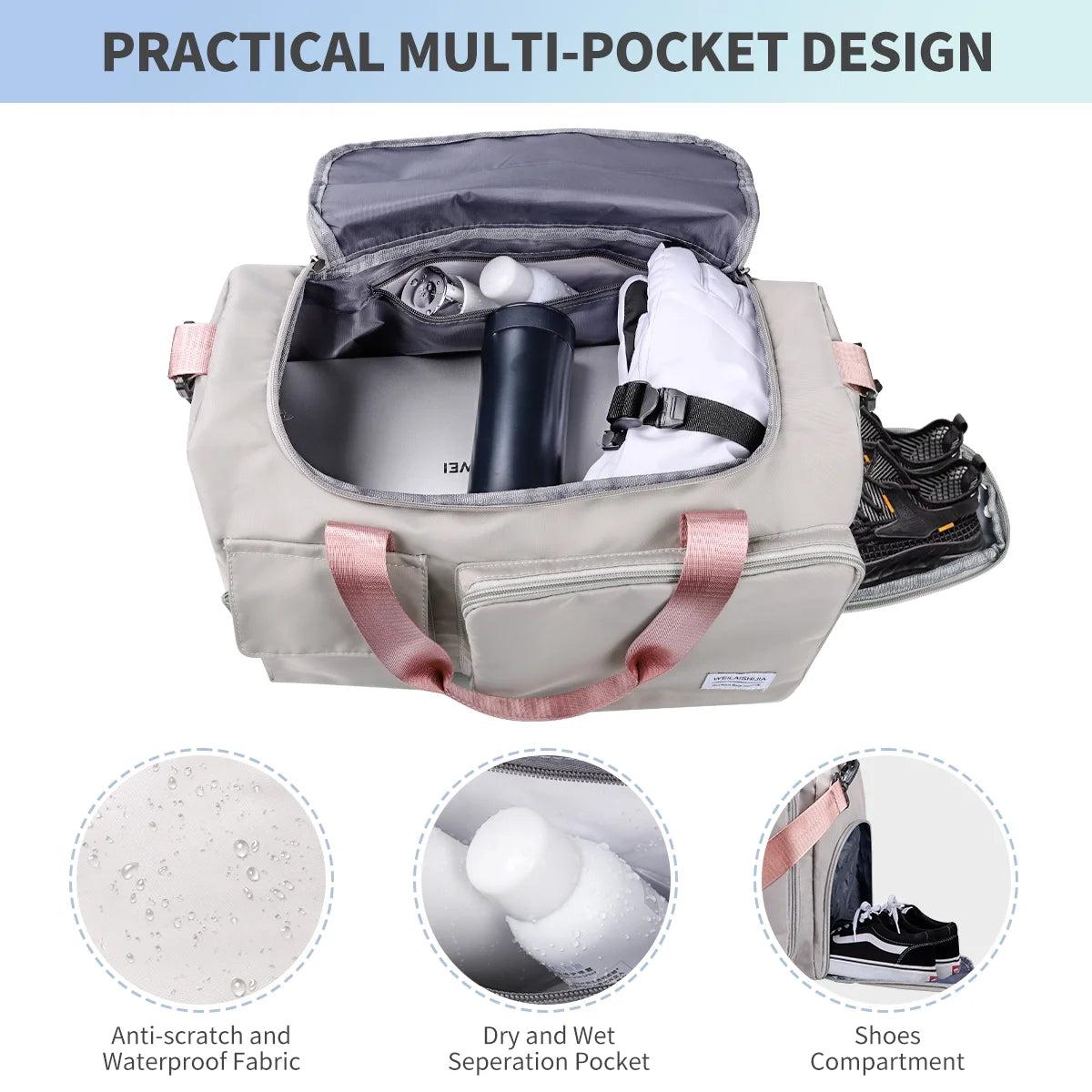 Travel Duffel Bag, Foldable Weekender Bag for Women, Overnight Bag with Shoe Compartment, Waterproof Shoulder Sports Tote Gym Bag with Toiletry Bag for Hospital Holdalls, Gray