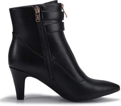Women'S Pointed Toe Metal Buckle Two Strap Ankle Booties Side Zipper Kitten Heel Dress Classic Short Boots